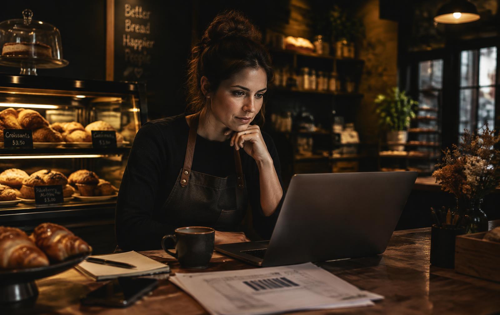 Empresária analisando documentos fiscais no notebook